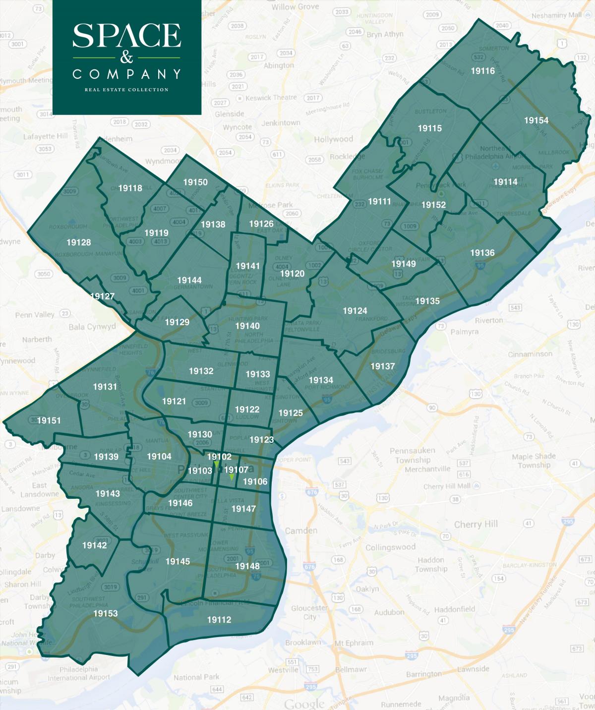 מפה של מרכז העיר פילדלפיה מיקוד