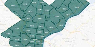 מפה של מרכז העיר פילדלפיה מיקוד